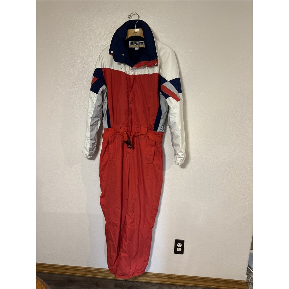 Vintage Obermeyer Ski Suit Mens medium Red Gray Belted Gore Tex One Piece Snow